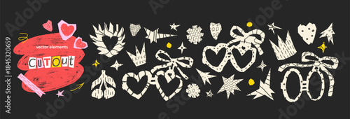 Love paper doodle cutout. Pair heart shape lockets torn papers pieces. Set with graphite pencil texture. Hand drawn cut out sticker crown, star, cherry. Vector craft tear Valentine scribbles no bg.