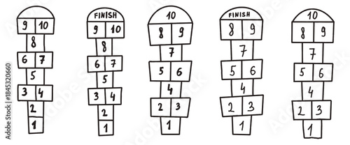 Hopscotch kids game pencil drawn outline set isolated on white background. Children playground outdoor entertainment. Kindergarten vector black charcoal handwritten elements illustration.