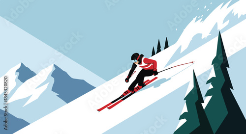 Dynamic Alpine Skier on Mountain Slope in Modern Flat Vector Illustration