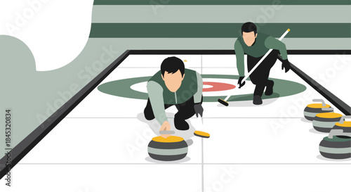 Illustration of two curlers in action on an ice rink with stones and brooms in a green and white setting.