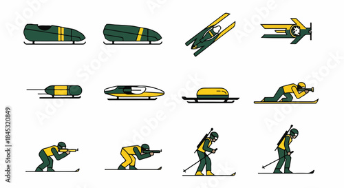 A graphic illustration set of a skier in various poses and angles in green and yellow uniform with ski equipment on white background.