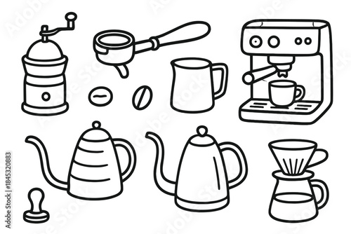 Essential coffee brewing equipment set with espresso machine, grinder, portafilter, and pour-over kettles