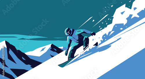 Dynamic Snowboarder Riding Down Steep Mountain Slope in Blue Vector Illustration