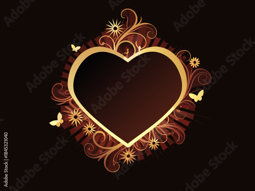 Elegant heart shaped frame with golden floral swirls and butterfly details