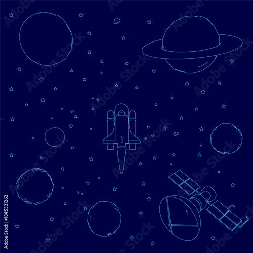A white-outlined space shuttle orbits among planets and a satellite against a deep blue cosmic background.