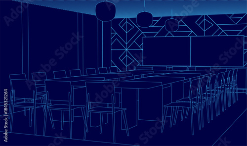 Blueprint contour of a modern conference room features a long central table surrounded by chairs. A detailed wall and overhead lighting complete the architectural plan.