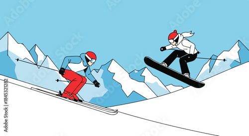 Flat Design Graphic for Milan Cortina Games, Minimalist Skiing and Snowboarding Sports Poster Art.
