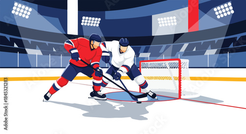 Minimalist Flat Design Illustration of Two Athletes Battling for the Puck in the Arena.
