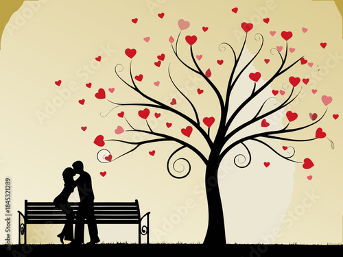 A romantic silhouette of a couple sharing a moment under a heart filled tree