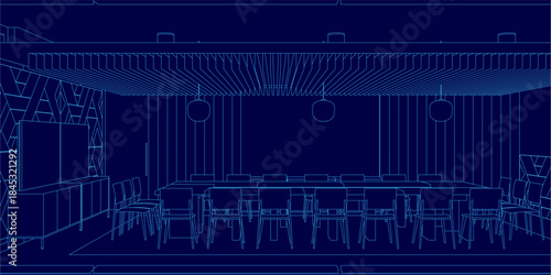 A detailed restaurant blueprint reveals the interior design with tables and chairs arranged for optimal meeting space, outlined in precise contour lines.