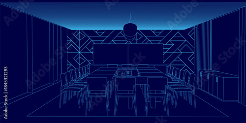 Blueprint outline of a conference meeting room, featuring a long central table surrounded by chairs, with walls and ceiling details.