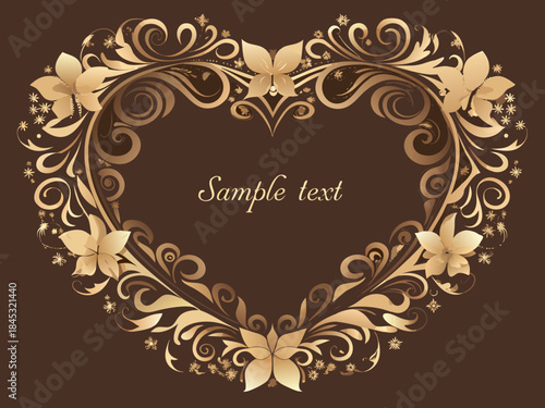 Elegant floral heart frame design with decorative swirls and sample text