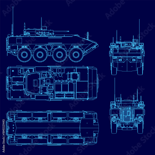 Detailed blueprint of a military armored personnel carrier on a blue background, featuring precise technical contours of its tracks, wheels, and structural components.