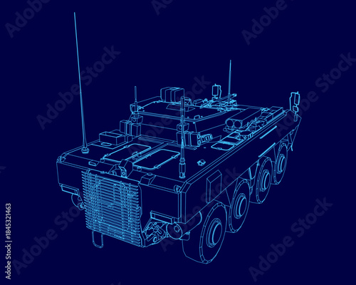 A detailed blueprint of a military armored personnel carrier, presented as a 3D contour model on a solid blue background.