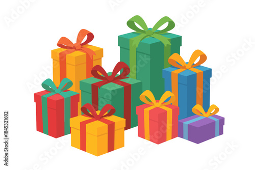 Stack of brightly colored holiday gift boxes wrapped with decorative ribbons and bows