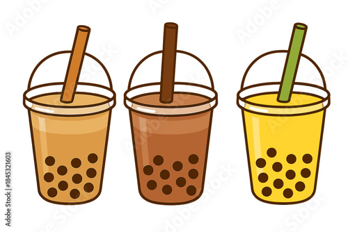 Three delicious boba milk tea drinks in plastic cups with straws and tapioca pearls