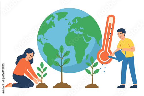 People planting saplings and watering trees near a giant thermometer and Earth globe for climate action