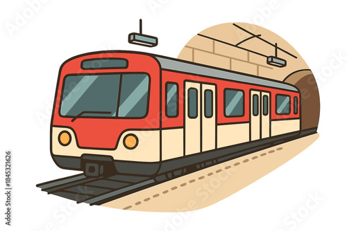 Red and white subway train emerging from a dark tunnel onto the platform rails