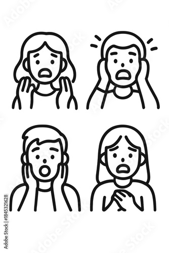 Minimalist line art portraits depicting four people reacting with shock and fear