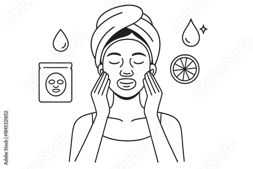 Woman wearing a towel applying a moisturizing sheet mask during her daily beauty treatment