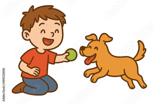 Happy young boy kneeling and playing fetch with his smiling brown dog and a green ball