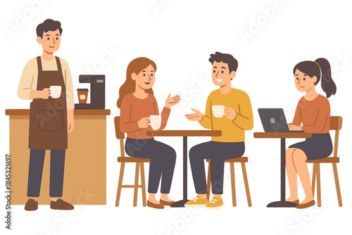 Barista serving customers while others talk and work on laptops in a modern coffee shop