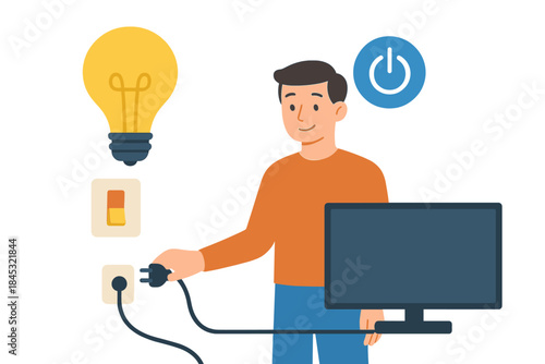 Man plugging electrical cord into wall socket to power computer and light bulb