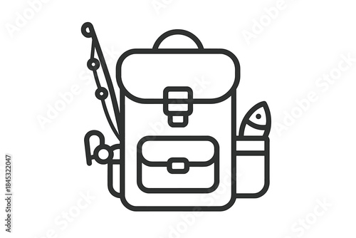 Outdoor adventure gear featuring a hiking backpack, fishing rod, and fresh catch