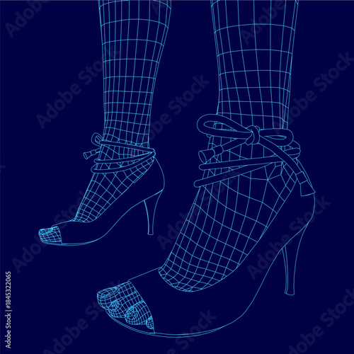 A woman's legs and feet contour in elegant high heels with laces tied in a bow. The pointed toe stilettos stand against a deep blue background.