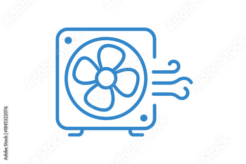 Detailed outline graphic showing a square ventilation fan actively moving air flow for cooling and climate control systems