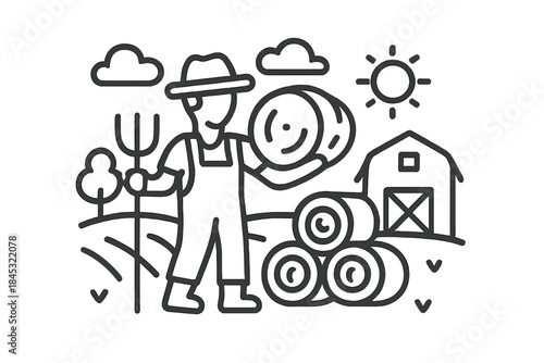 Farmer harvesting hay bales with a pitchfork near a traditional barn on a sunny day