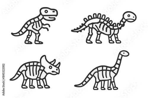Four cute cartoon dinosaur skeletons set including Tyrannosaurus, Stegosaurus, Triceratops, and Brachiosaurus fossils