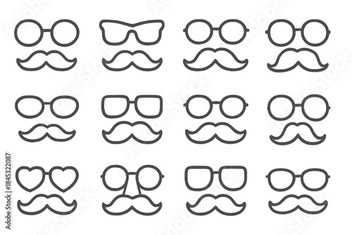Twelve unique line art elements featuring mustache and glasses combinations for disguise party
