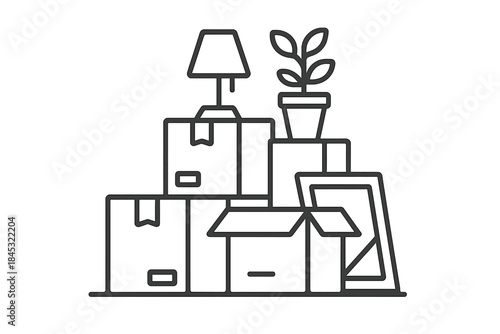 Large stack of sealed cardboard boxes and household items ready for relocation or storage