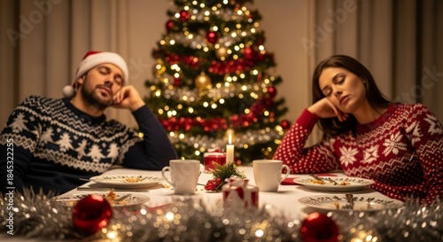 Tired couple resting at table after Christmas dinner