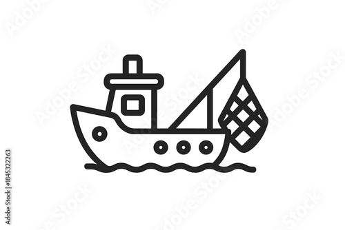 Commercial fishing trawler boat sailing on ocean waves with net deployed for seafood harvesting