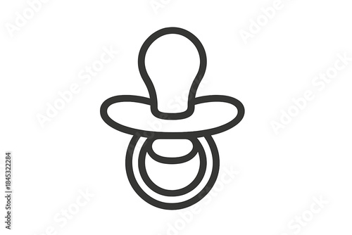 Simple black and white line art drawing of a baby pacifier or dummy used for newborn care
