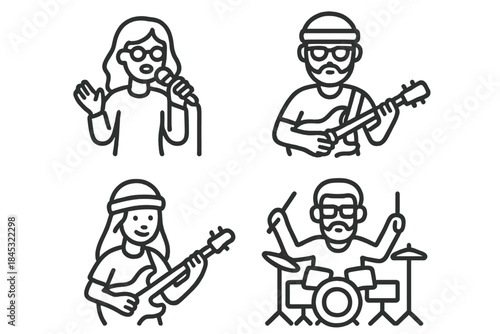 Minimalist line portraits of a musical band ensemble performing live concert