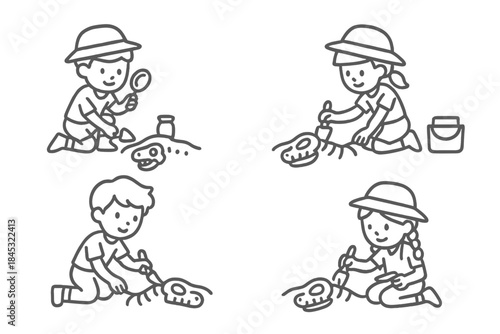 Group of smiling children discovering and cleaning dinosaur skulls during a paleontology dig