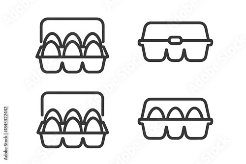 Simple line drawings of open and closed egg cartons holding three eggs