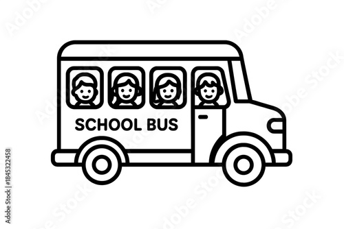 Simple black and white line drawing of a school bus transporting smiling children