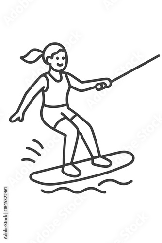 Smiling woman wakeboarding or waterskiing on the waves during water sports activity
