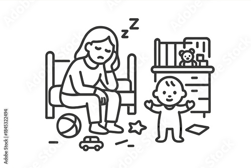 Tired mother sitting on the edge of a bed while a happy baby plays in a messy room