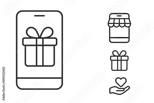 Essential line icons for mobile commerce, online retail, gifting, and customer support