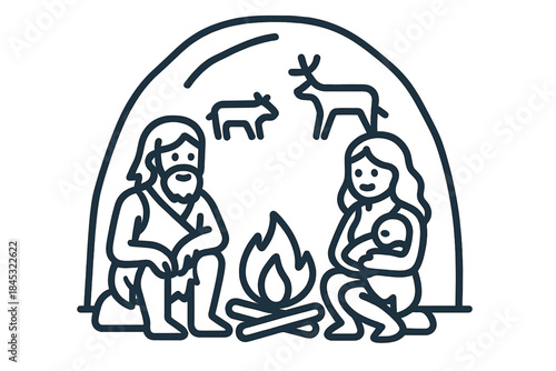Early human family sitting around a campfire inside a prehistoric cave dwelling shelter