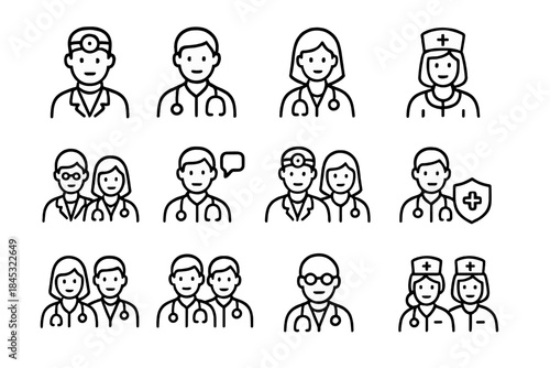 Outline icons set featuring diverse medical professionals and healthcare staff avatars