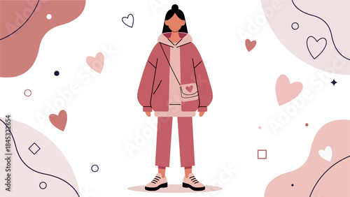 Valentine Street Style Woman in Modern Pastel Flat Vector Illustration