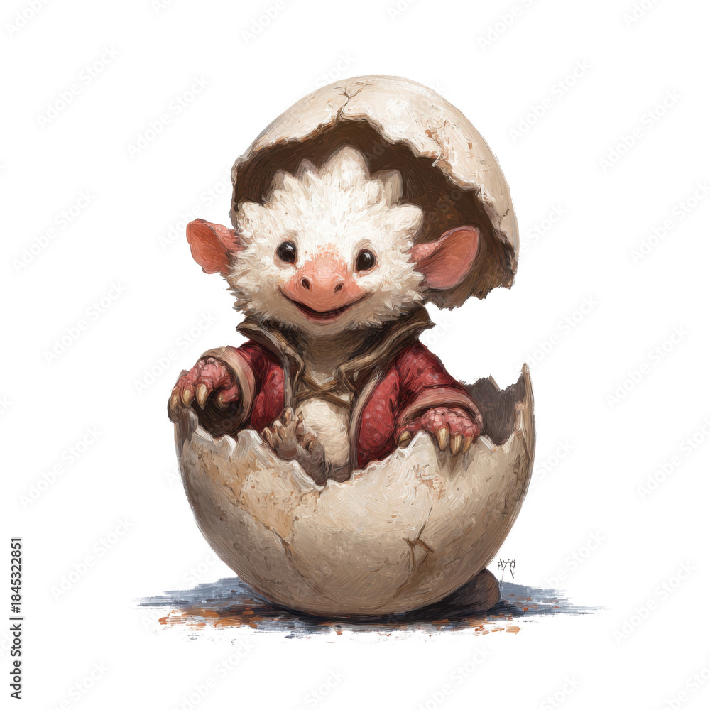 Fototapeta premium Newborn Creature: This captivating image depicts a charming creature, newly hatched from its egg, exuding an air of wonder and discovery, inviting viewers to explore the magic of new life.