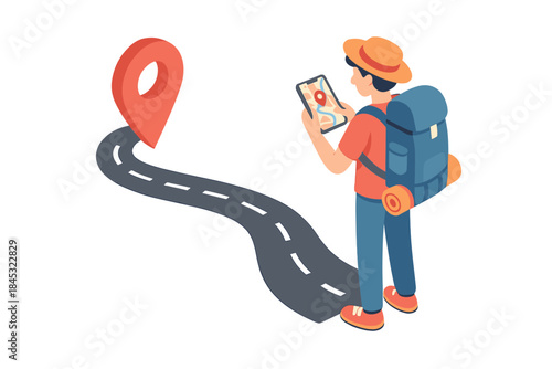 Traveler checking digital map on smartphone while hiking a winding path