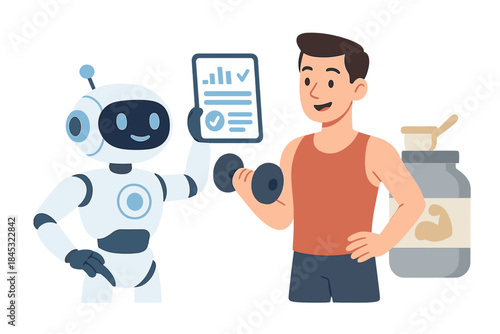 Robot assistant providing a digital workout plan to a man lifting weights and using protein supplements